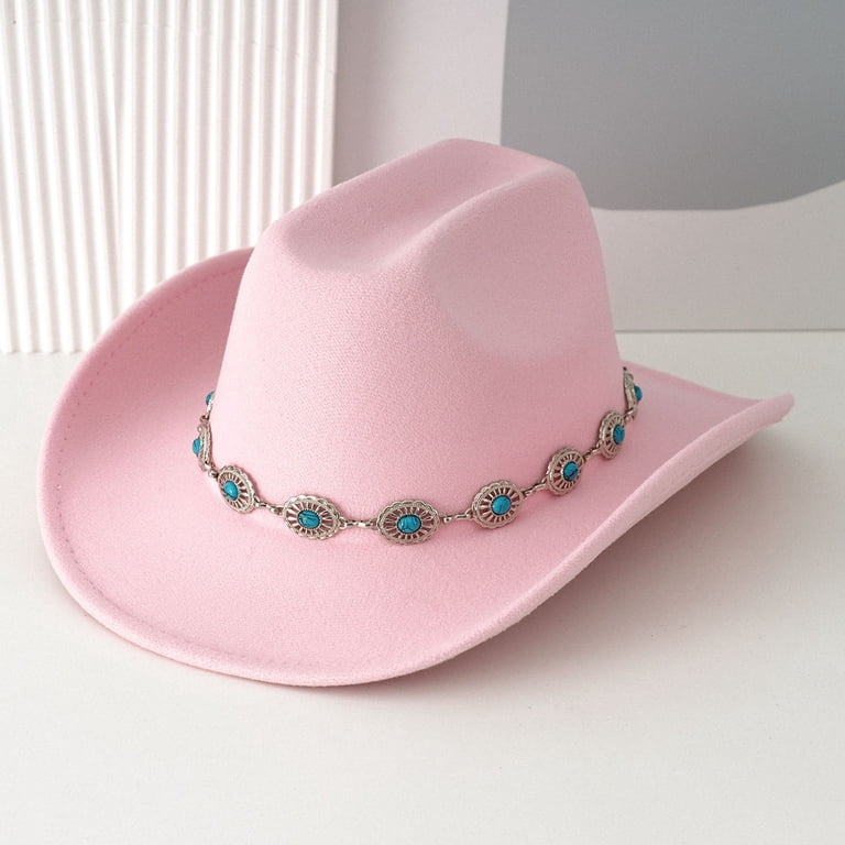 Hot Pink Western Cowboy Hat Wide Brim Fedora Style with Chain Band, Men & Women UJNDER Western Cowboy Hat for Men and Women Turquoise  main image 3