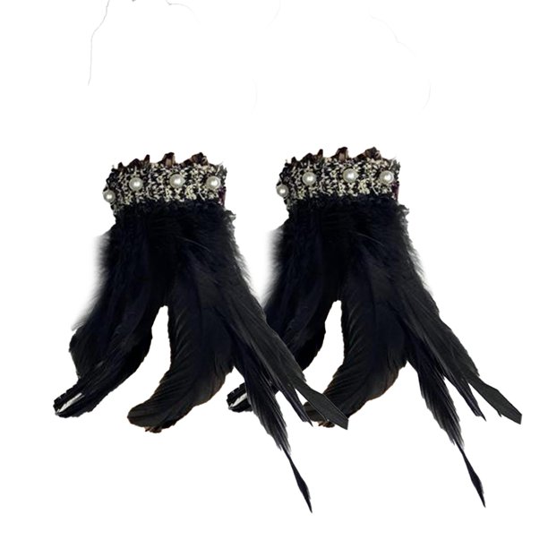 1 par de muñequeras de plumas con perlas góticas, calentadores de brazos, pulseras, muñequeras para puesta en escena nocturna, fiesta de baile Rave negro Yinane Muñequeras
