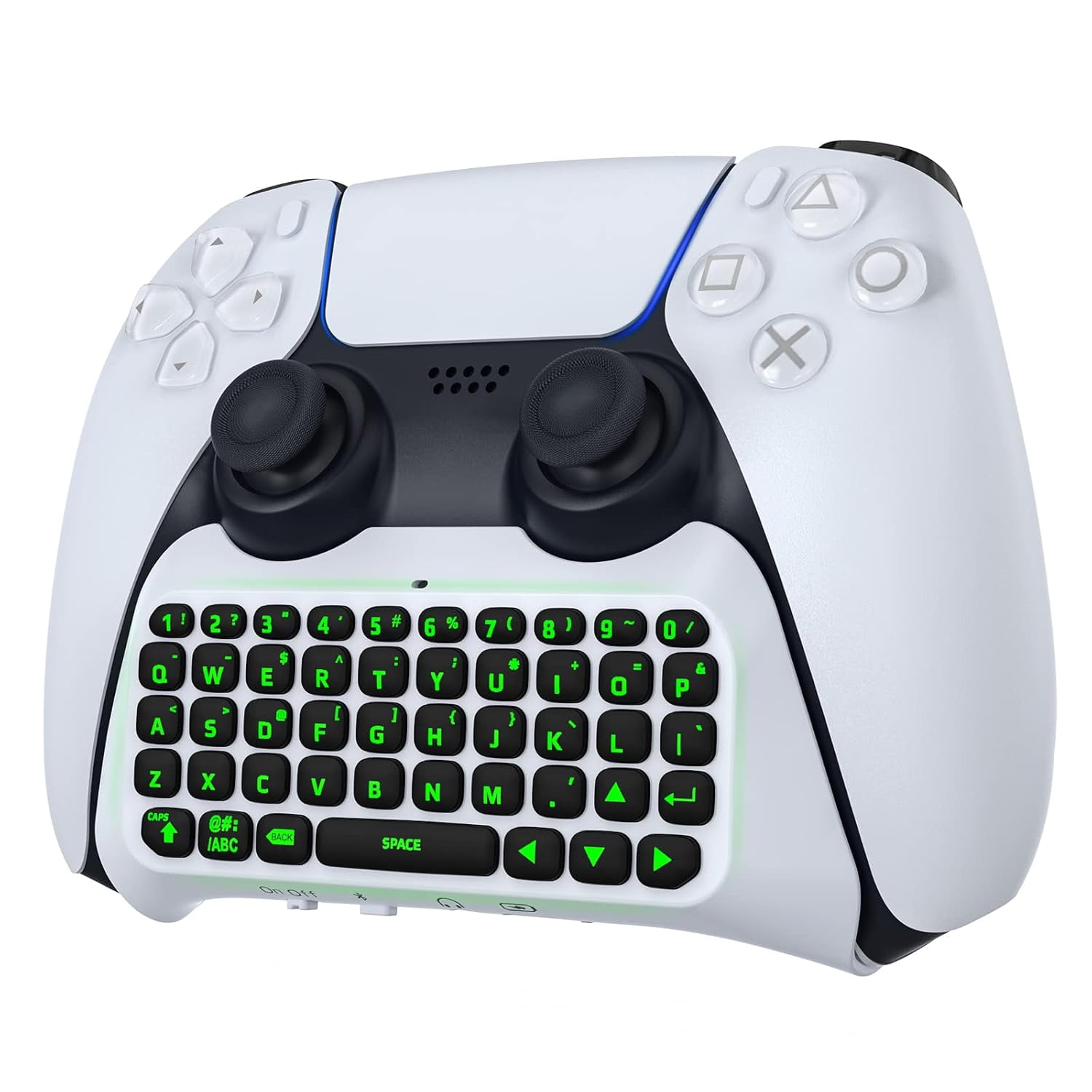 Bluetooth 3.0 Wireless Keyboard With Green Backlight for PS5 Controller,Mini Portable Gamepad Chatpad with Built-in Speaker&3.5MM Audio Jack, Voice Chat Board for Messaging&Gaming Live Chat,white