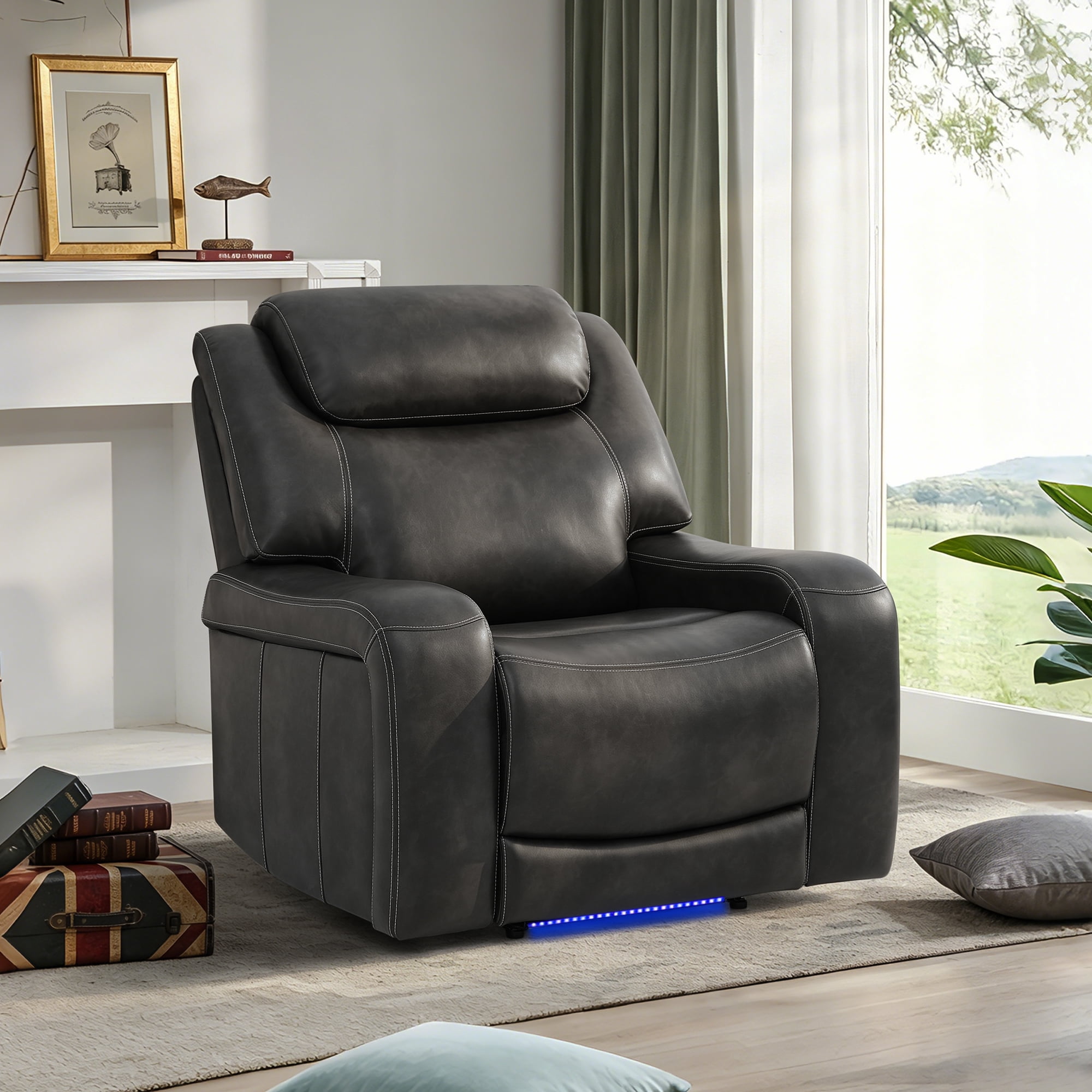 Gewnee Power Recliner Chair, Adjustable Reclining Lounge Chair with USB Ports, LED Lights, Air Leather Upholstered Single Sofa Recliner for Living Room, Office, Black