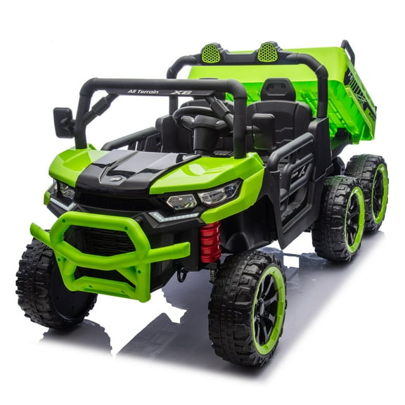 Cirui 24V 2 Seater Ride on Dump Truck, 4WD 6-Wheel Ride on Toys for Kids with Remote Control, Ride on UTV Car with Electric Dump Bed, Toy Shovel, LED Lights & Music for 3~8 years Child,Green