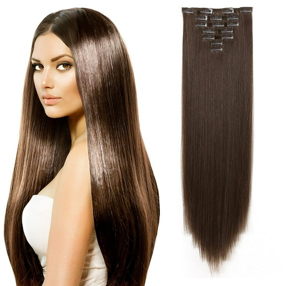Onedor24" Straight Full Head Premium Japanese High-Temperature Fiber Heat Resistance Hair Extensions Clip on in Hairpieces 7pcs 140g (Straight 8#-Light Chestnut Brown)