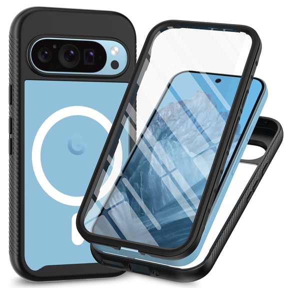 Magnetic for Google Pixel 9 Pro XL Case, [Compatible with MagSafe] [Built-in Screen Protector] Dustproof Full Body Shockproof Transparent Phone Case Cover for Google Pixel 9 Pro XL - Black