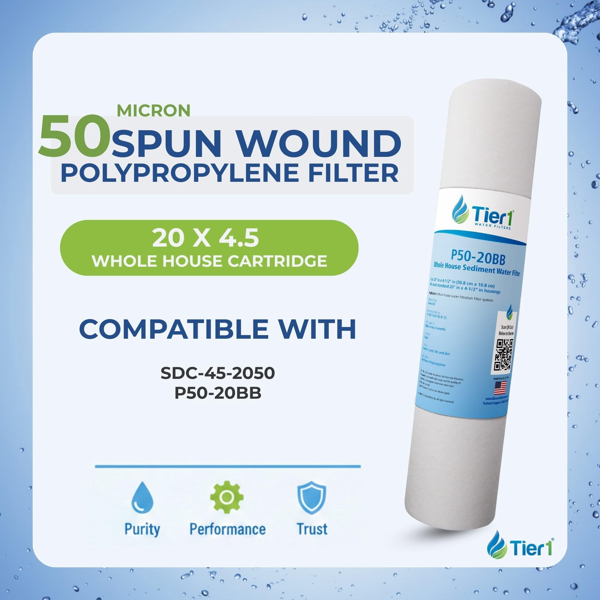 Tier1 50 Micron 20 Inch x 4.5 Inch | Spun Wound Polypropylene Whole House Sediment Water Filter Replacement Cartridge | Compatible with Hydronix SDC-45-2050, Home Water Filter