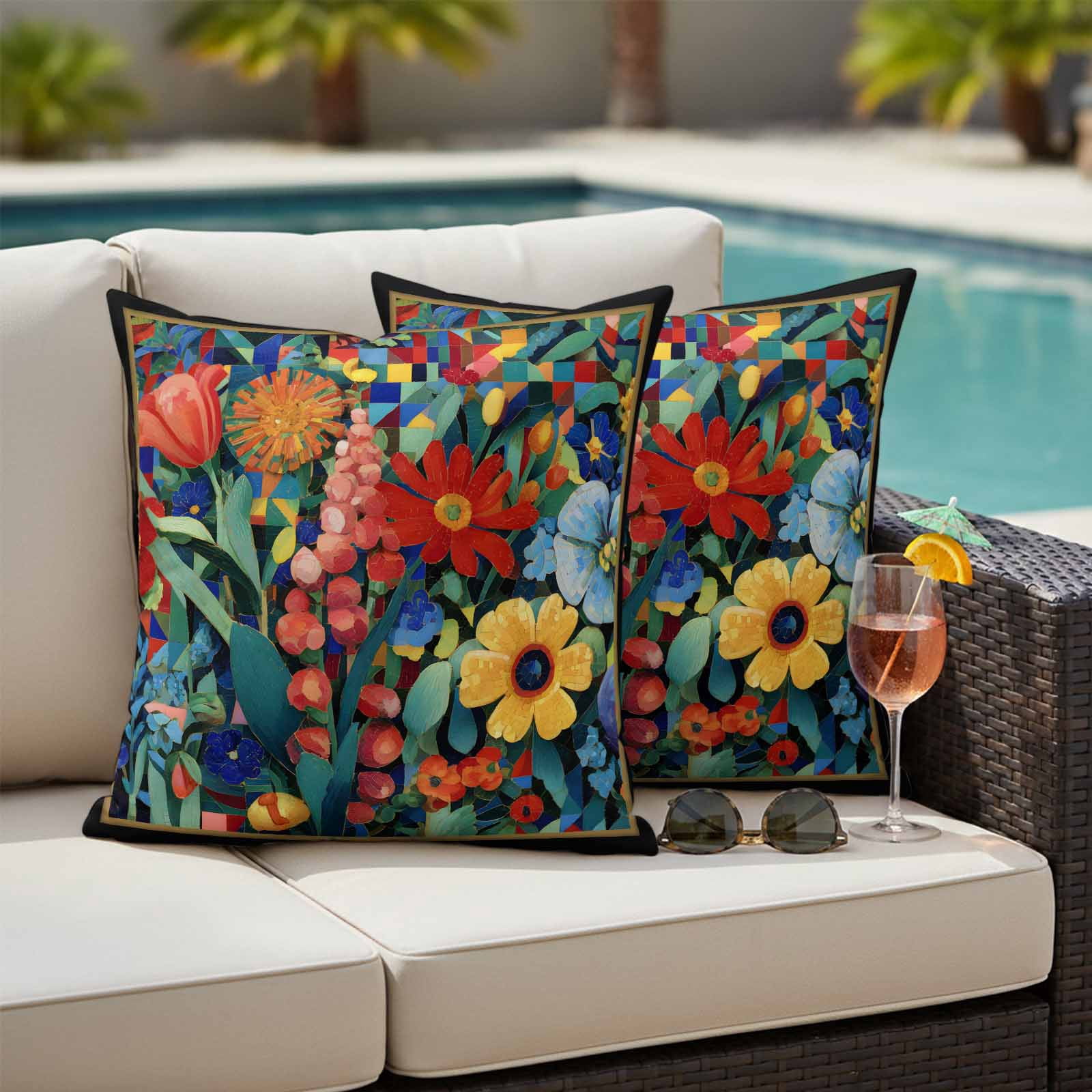 Spring Wildflowers Waterproof Outdoor Throw Pillow Covers 26"x26" Pack 2, Pillow Cases Throw Cushion Cover with Zipper, Modern Abstract Art Daisy Floral Leaves Washable Pillowcase for Poolside Sofa