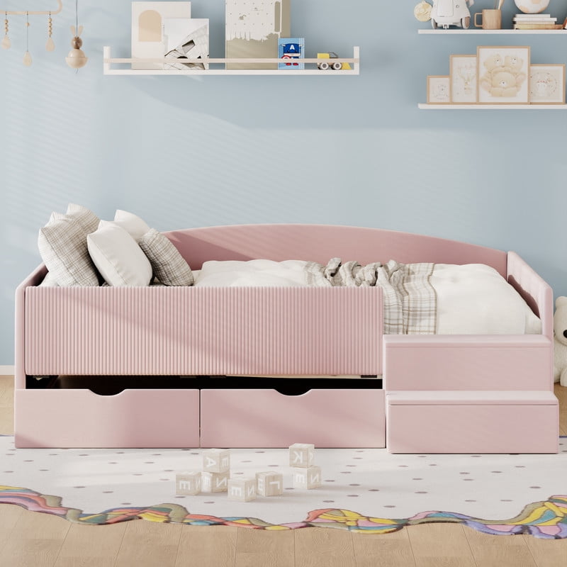 Full Size Kids Daybed Frame with Small Stair & 2 Storage Drawers, Velvet+Corduroy Dual Upholstered Accent Platform Bed