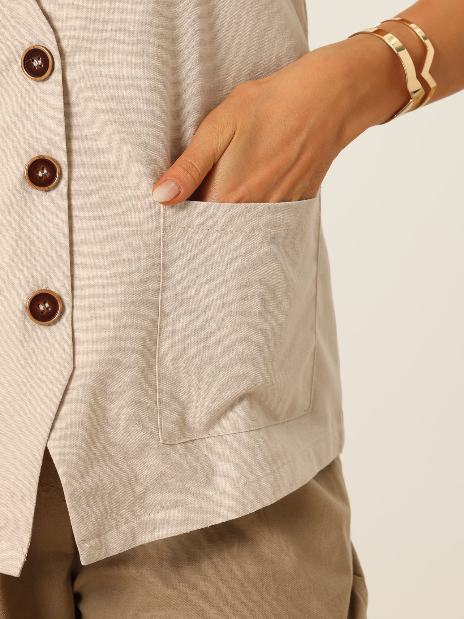 DARING DIVA Women's Button Down Vest Linen V Neck Summer Waistcoat S Khaki