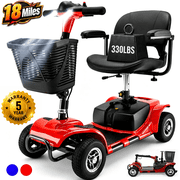 SACVON 4 Wheel Mobility Scooter for Seniors, Foldable Electric Scooter for Adults, 330 lbs Capacity, 18 Mile Range, 350W Motor, Swivel Seat, Removable Basket, Red
