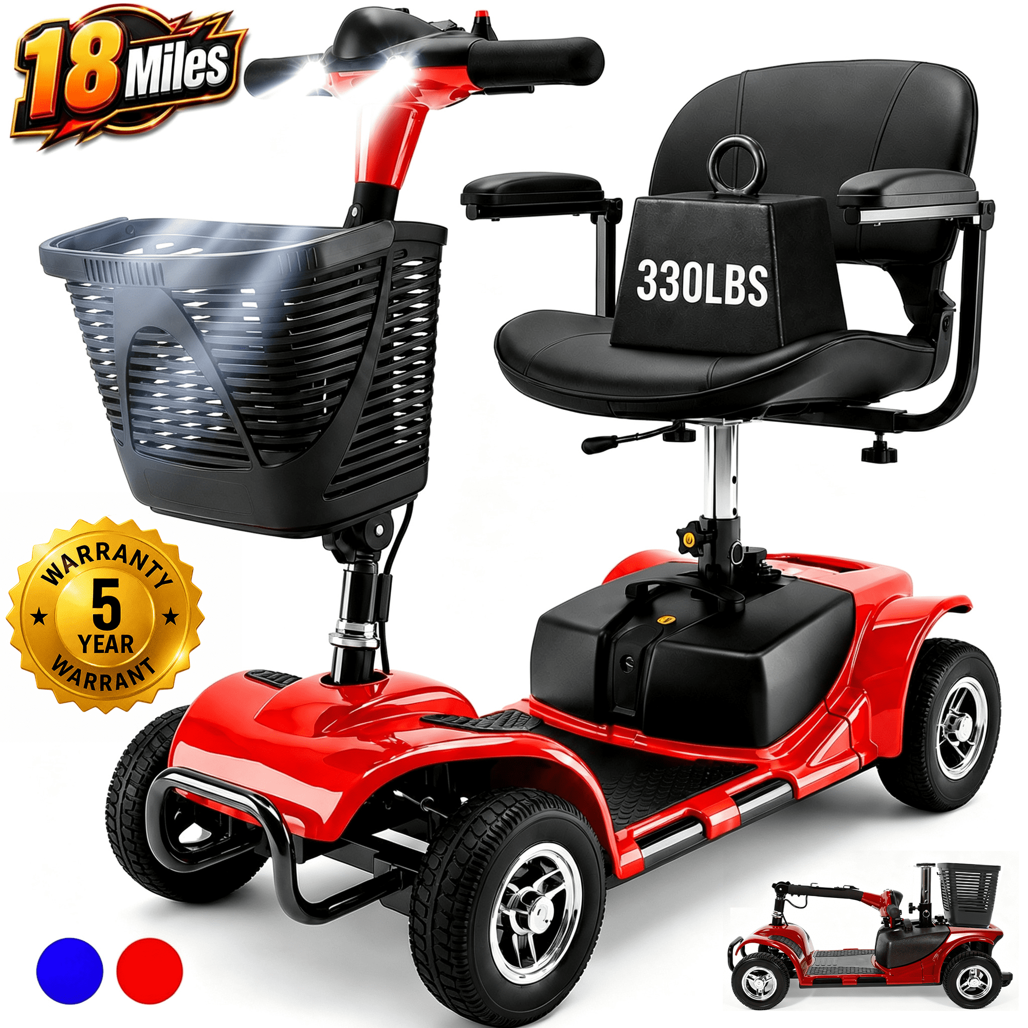SACVON 4 Wheel Mobility Scooter for Seniors, Foldable Electric Scooter for Adults, 330 lbs Capacity, 18 Mile Range, 350W Motor, Swivel Seat, Removable Basket, Red