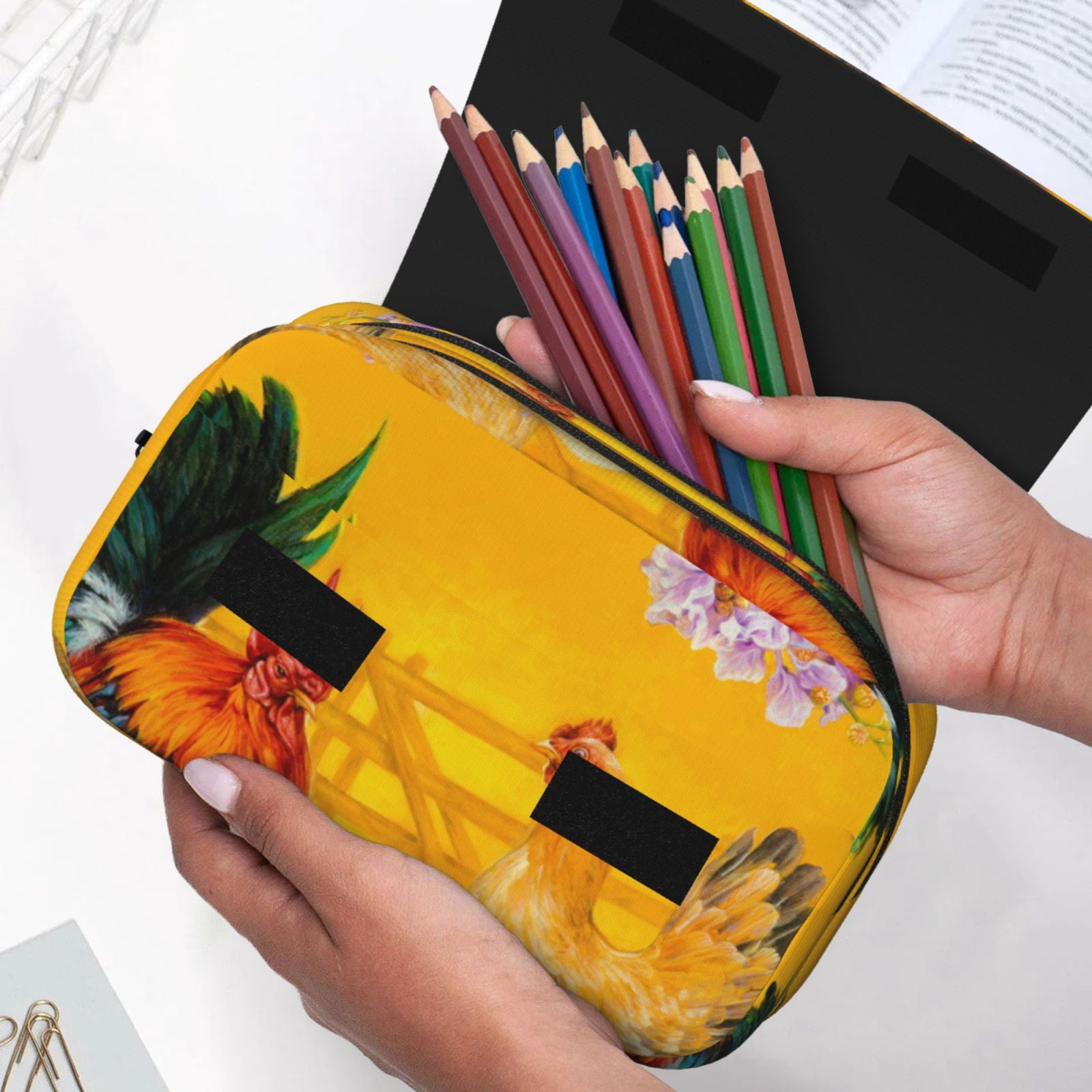 Rateoe The Chicken Family Pattern Double Clamshell Pen Case, Storage Organizer with Two Zipper Compartments– Holds Up to 50 Pencils & Pens
