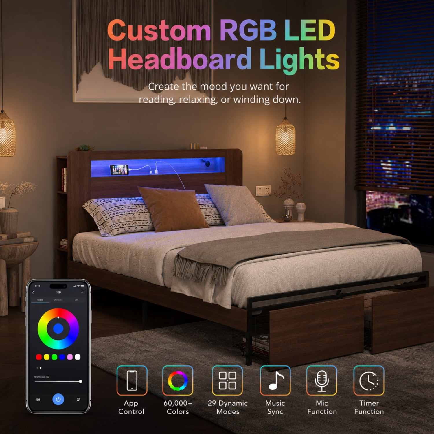 Miniyam Full Farmhouse Bed with Storage Headboard, LED Lights and Charging Station, Platform Bed Frame with 2 Drawers, Brown