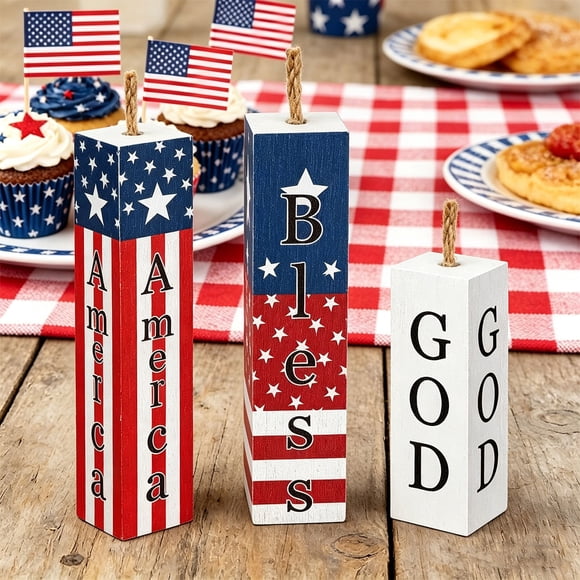 Sktrjpolfis Patriotic Wooden Block Decor Set, 3-Pack Red White Blue "America Bless Good" Table Centerpiece for 4th of July