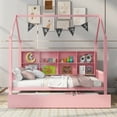 thumbnail image 3 of Harper & Bright Designs Full Size House Bed with Trundle and Storage Shelves Kids Montessori Bed Wood Playhouse Tent Bed Frame for Girls Boys, Pink, 3 of 9