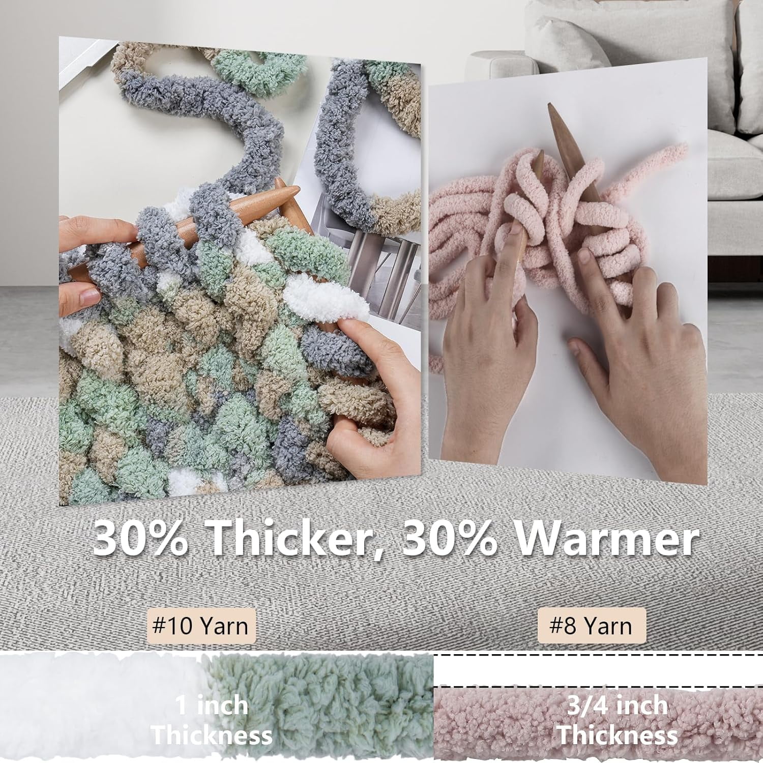 Chunky Yarn for Hand Knitting - #10 Chunky Chenille Blanket Yarn, Jumbo Big Thick Chunky Yarns for Crocheting, Tie Dye Bulky Knit Yarns, 8 Skein (25 yds 8 oz Each Skein), Cream&Sage&Grey&Khaki
