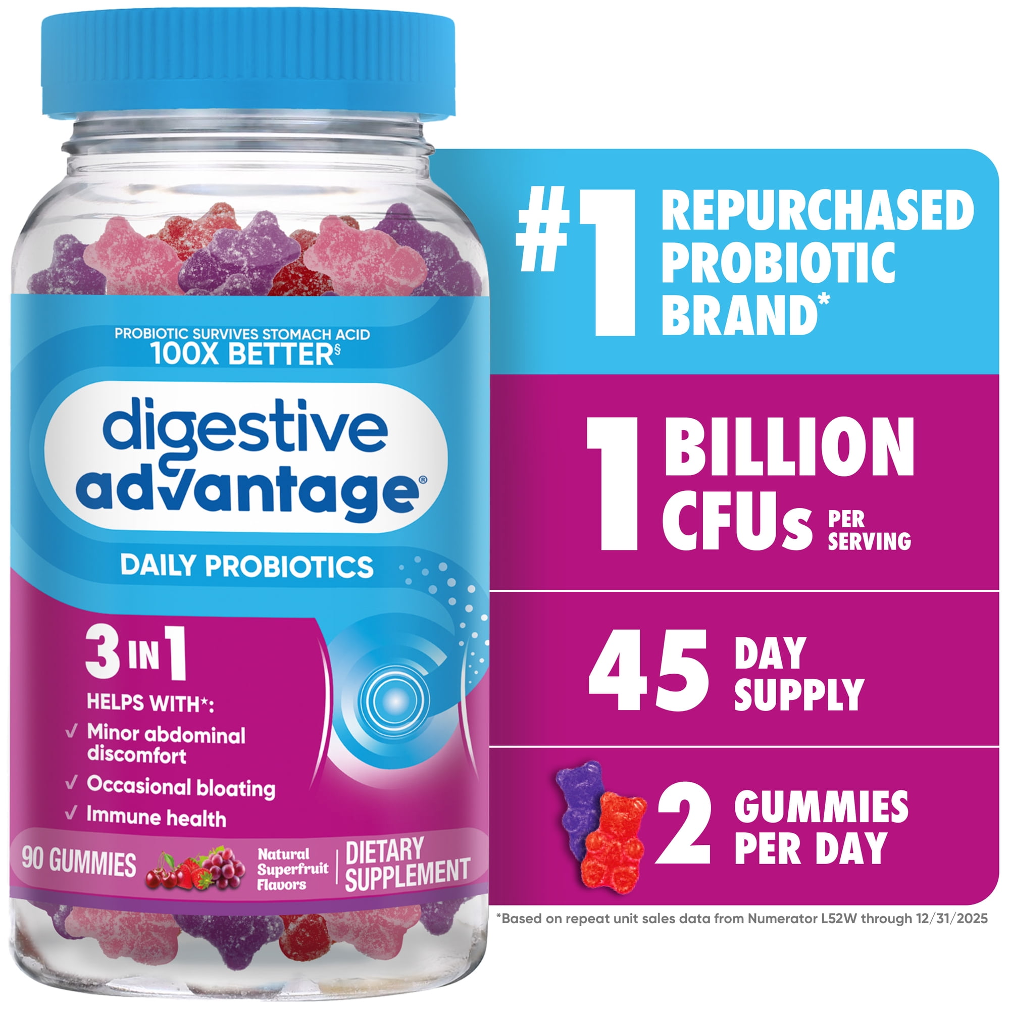 Digestive Advantage Daily Probiotic Gummies, Natural Superfruit Flavors, Helps Protein Absorption, Supports Immune Health, Gut Health, 90 Gummies