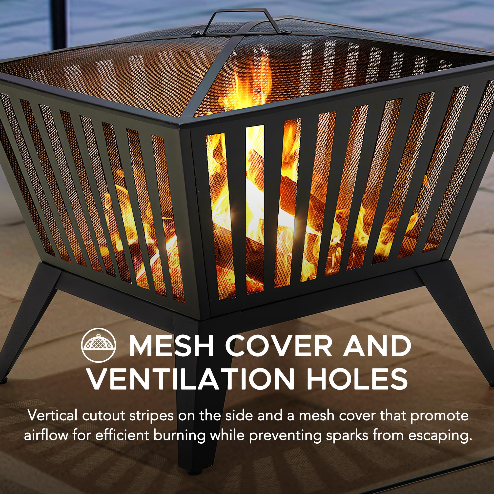 Sunjoy Firepit 28 Inch Wood Burning Fire Pit, Outdoor Black Steel Firepit with Fire Poker and Mesh cover