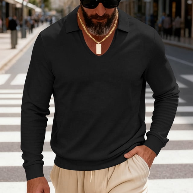 pstuiky camisas de manga larga para hombre, Blusa informal de manga larga con cuello en V y solapa para hombre, de color liso camisetas de hombre m