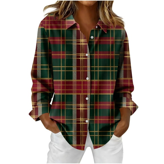 HAiming Plaid Shirt for Women Lapel Collar Button down Roll up Long Sleeve Soft Casual Tendy Tops