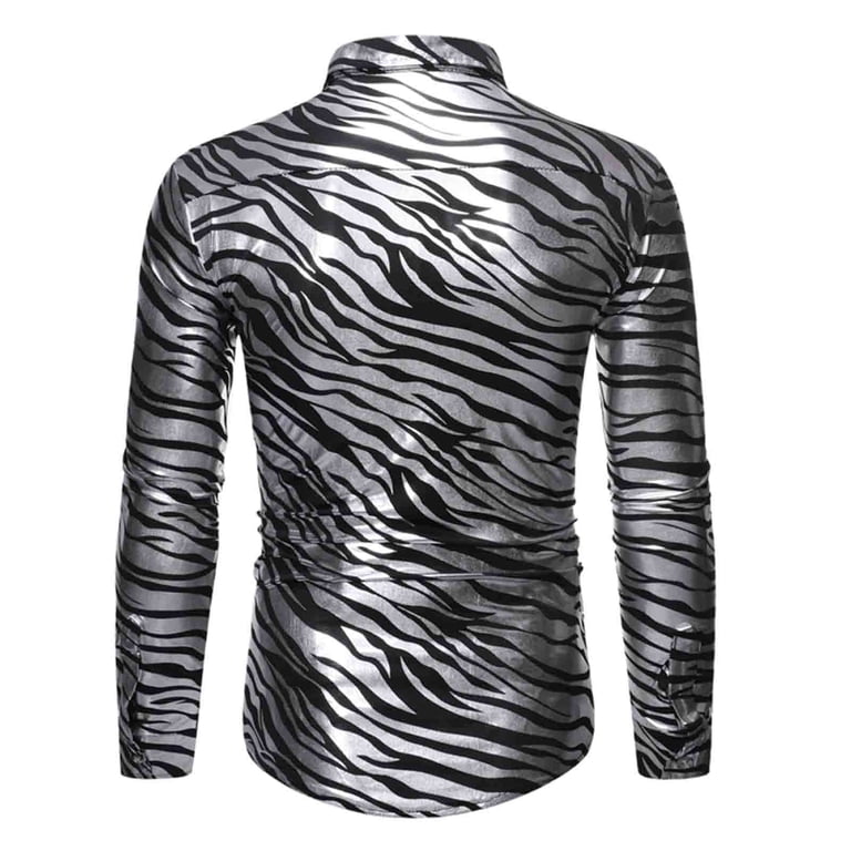 mens zebra dress shirt Men's Novelty Zebra Print Shiny Bronzing Dress Shirt Stretch Long Sleeve Button Down Sparkle Party Shirts