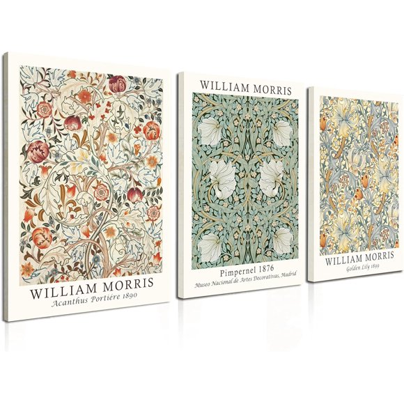 Framed Flower Wall Art Canvas Decor Set of 3, William Morris Wall Art Framed Prints Posters Mid Century Modern Art, Aesthetic Floral Botanical wall art for bedroom living room bathroom 12x16