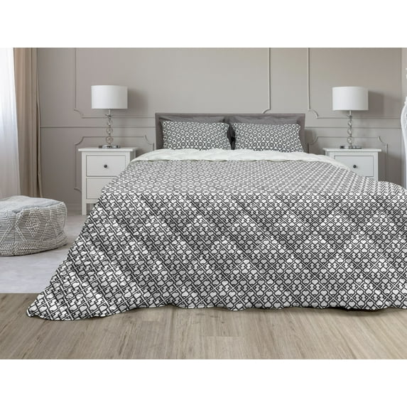 Orient Comforter & Sham Bedding Set, Chevron Pattern with Middle East Effects Traditional Minimalist Design, 3 pcs Duvet Set Microfiber Filling Quilt, 5 Sizes, Charcoal Grey White, by Ambesonne