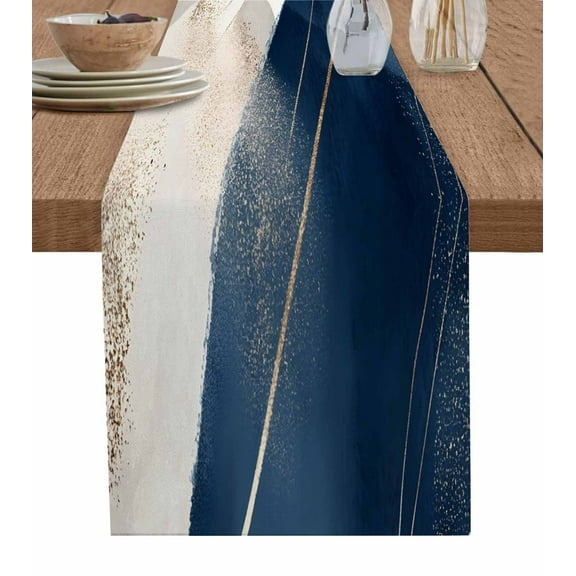 Blue Geometric Table Runner-Cotton Linen- 36 Inch Holiday Dresser Scarves, Modern Abstract Boho Middle Century Tablerunner for Kitchen Coffee/Dining Bedroom Home Living Room Dinner Scarf Décor 13x36