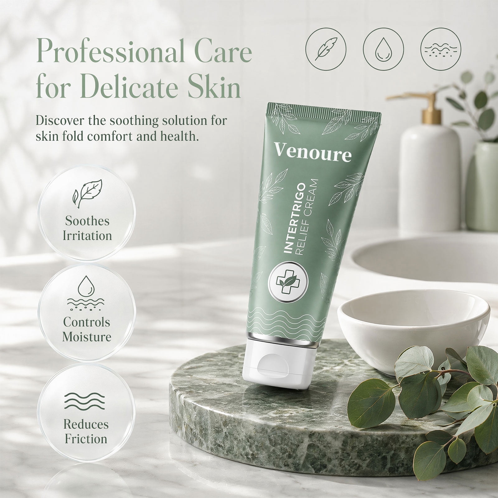 Venoure Intertrigo Cream, Skin Fold Care Cream for Moisture & Friction Protection, Fast Drying Non Greasy Formula for Inner Thighs, Underarms & Body Folds (1PC)