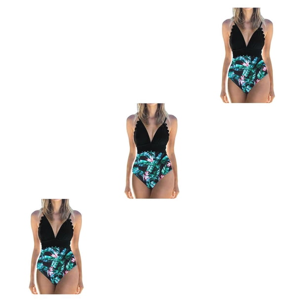 Traje de baño Wosthever sin mangas acolchado mono moda poliéster negro + Flor verde M