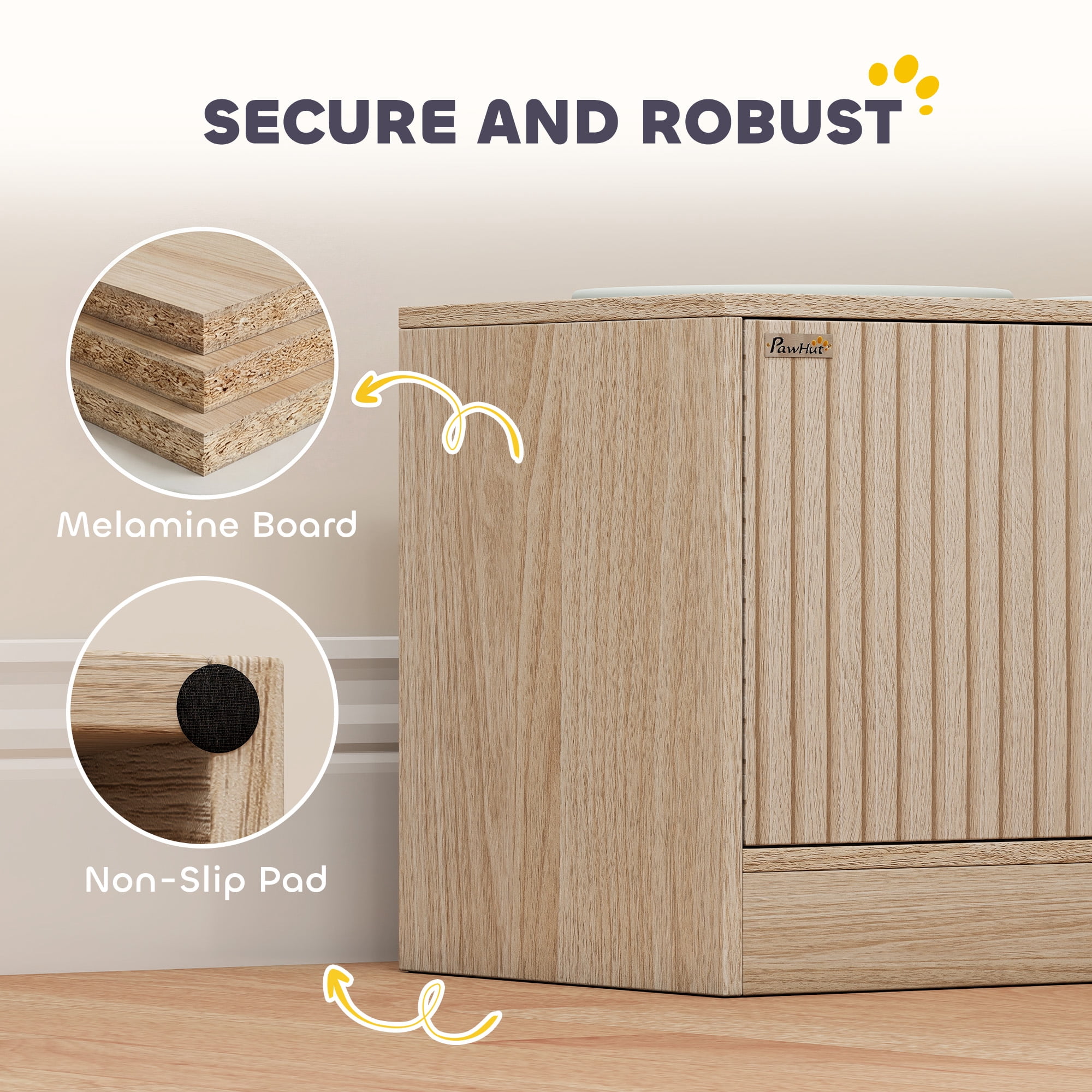 PawHut Elevated Dog Bowls with Storage Cabinet, Raised Dog Bowl Stand, Dog Feeding Station with 2 Stainless Steel Bowls, Slow Feeder, Oak