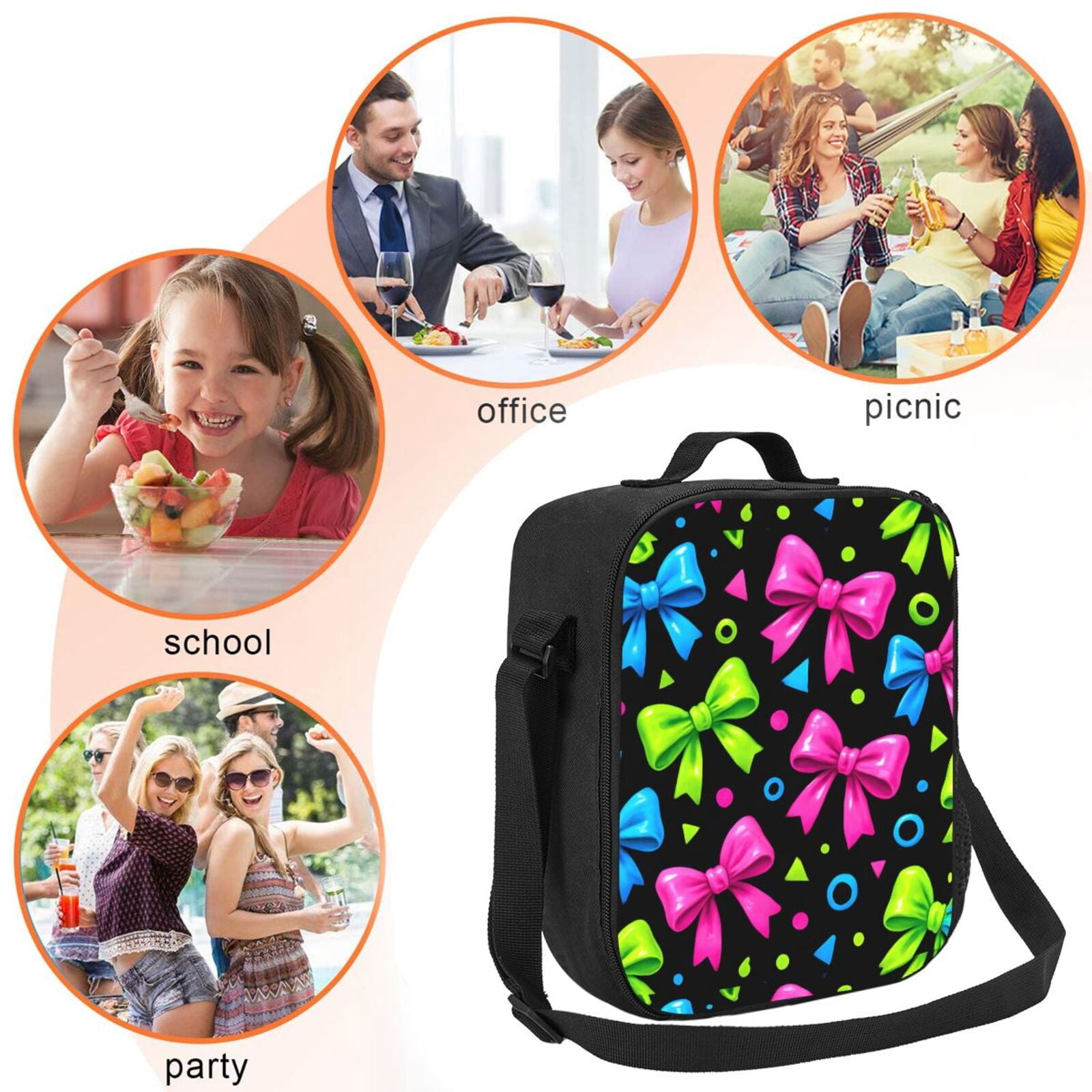 Thermal Insulation One Shoulder Portable Bento Bag Can Be Reused 8×10.5in For Carrying Drinks Bento Box Fruit Snacks Bold Neon Contemporary Ribbon Bow Pattern