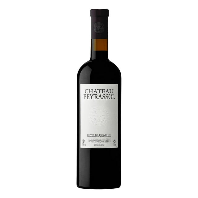 pack de 12 vino tinto chateau peyrassol 750 ml botella frontal de vino tinto Chateau Peyrassol 750 ml, vista centrada, vidrio oscuro con etiqueta blanca rectangular que muestra 'CHATEAU PEYRASSOL' y sello en relieve, cápsula oscura en el cuello; originario de Côtes de Provence, elaborado con Syrah, Cabernet Sauvignon y Garnacha; venta solo a mayores, evitar el exceso. Suele usarse como regalo en cenas.