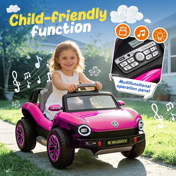 Volkswagen Beetle Pink 12V Ride on Car 2WD 4-Wheel Suspension Remote Control Bluetooth USB Music Headlights Rear Storage Ages 3-5