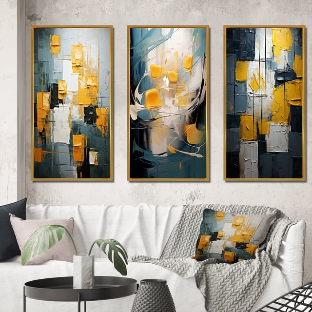 Designart "Unexpected Joy Teal and Yellow Abstract II" Abstract Painting Framed Wall Art Set Of 3 - Blue Modern Frame Gallery Wall Set For Home Decor