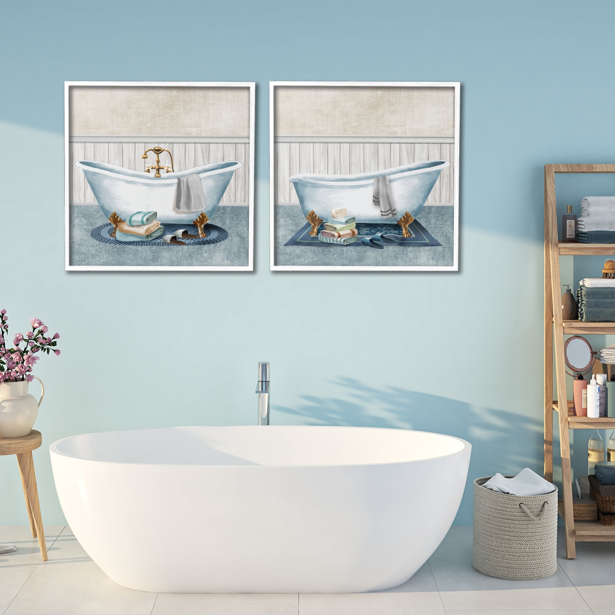 Stupell Industries Cozy Bathtub & Slippers 2 Piece White Framed Giclee Art Set, design by Conrad Knutsen