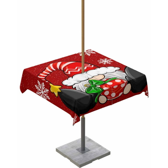 Fsddascl Red Gnomes Christmas Outdoor Tablecloth - 54x54 Inch Square Dining Table Cover, Snowflake Xmas Balls Waterproof Outdoor Table Cloth with Umbrella Hole & Zipper for Picnic/Patio/Party