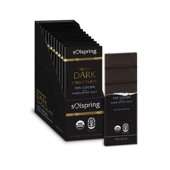 Solspring Biodynamic Organic Dark Chocolate Bars with Himalayan Salt (12-1.41 oz Bars), 70% Cocoa, Fine Swiss Chocolate, Certified USDA Organic, Demeter Certified, Gluten Free, Soy Free, Dr. Mercola