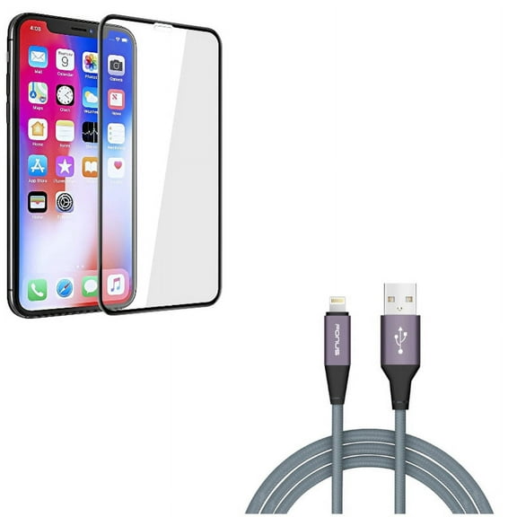 6ft USB Cable w Screen Protector for iPhone XR - Charger Cord Power Wire Braided, Tempered Glass 5D Touch Curved Edge Full Cover