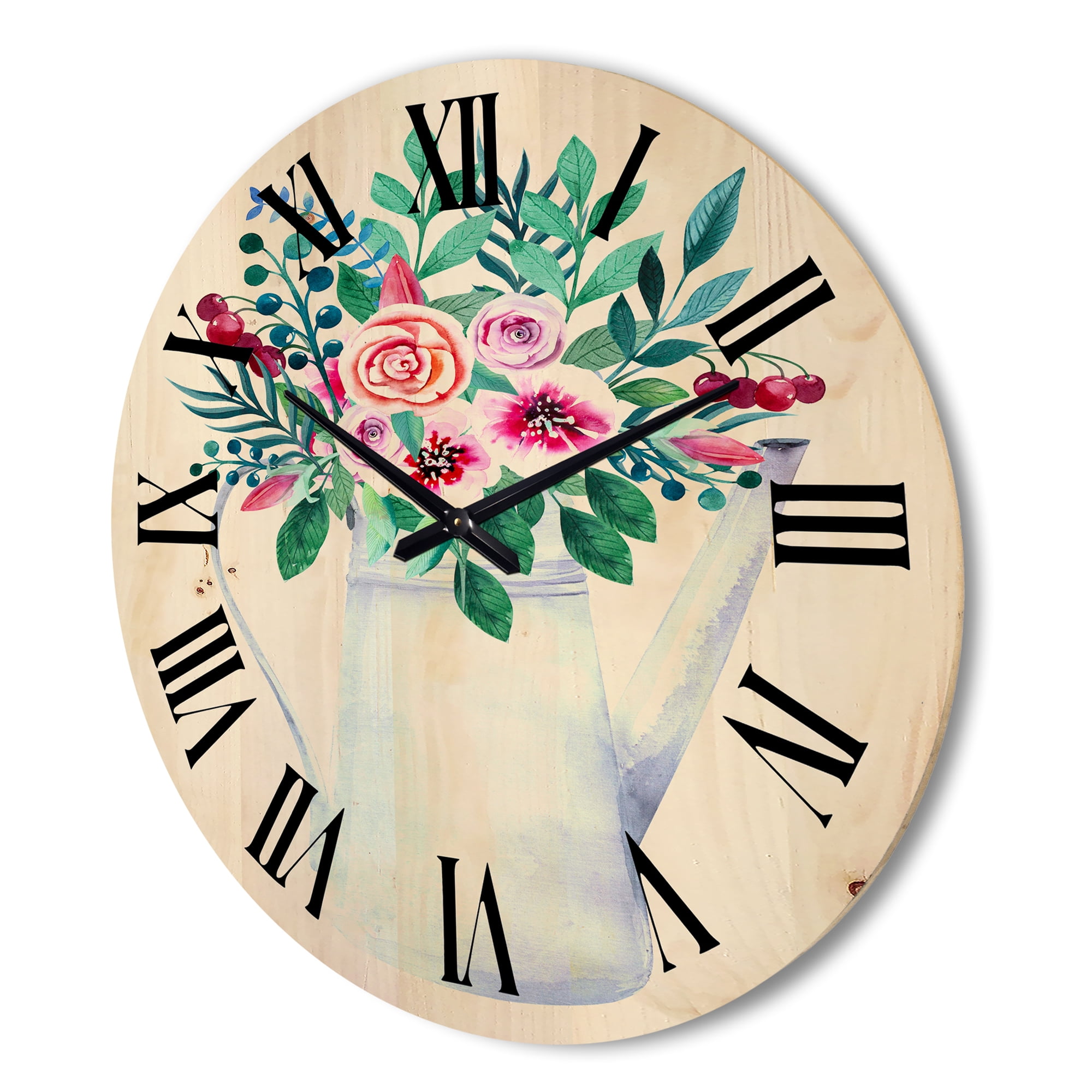 Designart 'Bouquets of Flowers In Rustic Flowering Pot With Berries' Traditional Wood Wall Clock