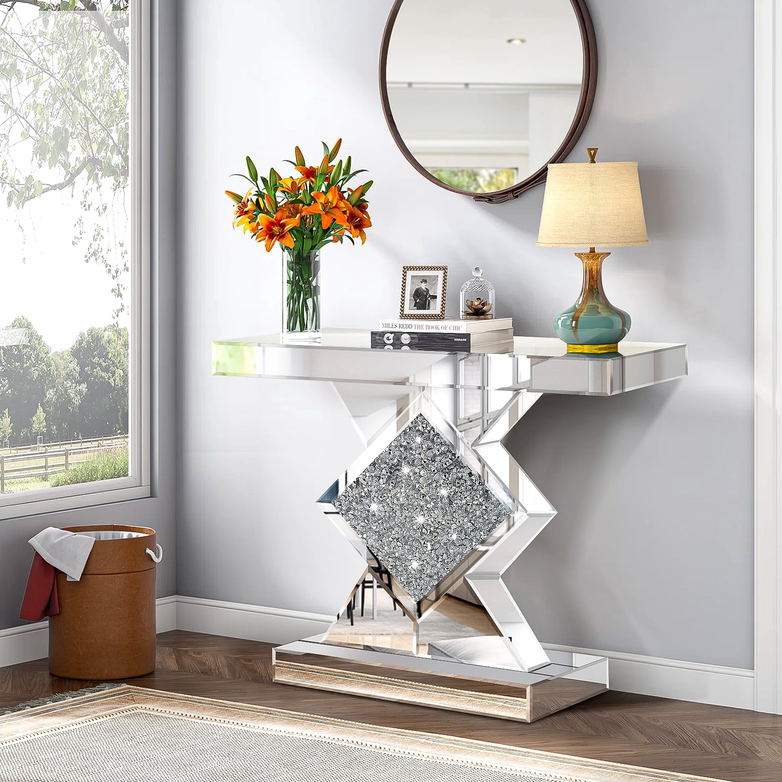 Mirrored Console Table with Crushed Diamond Inlay, 31.5'' Long Silver Accent Narrow Table Entryway Table, Diamond Shaped, for Living Room Hallway Entrance Foyer