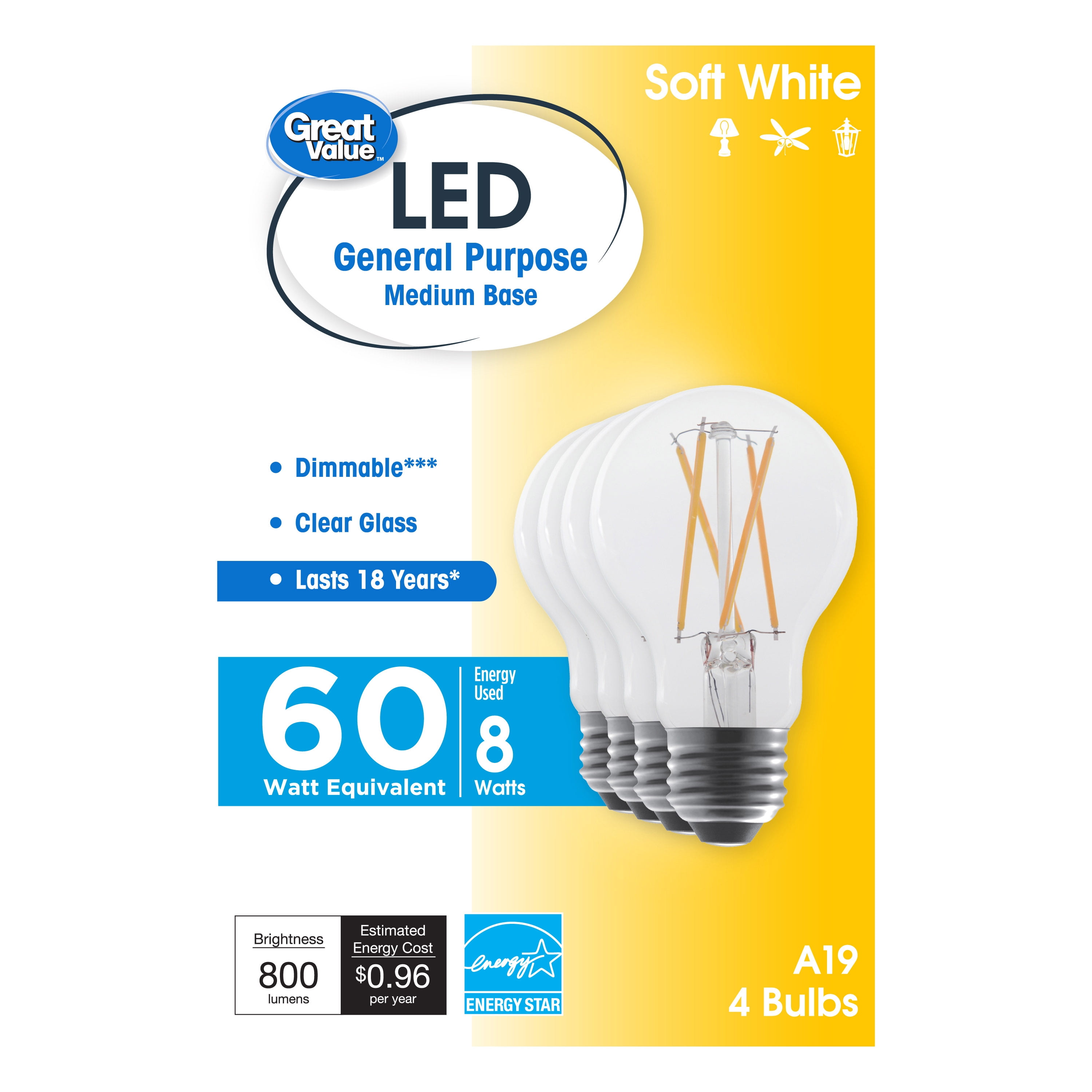 Great Value 18 Year LED Light Bulbs, A19 60 Watts Equivalent, 8 Watts Efficient, Dimmable, Soft White, Clear Glass, 4 Pack