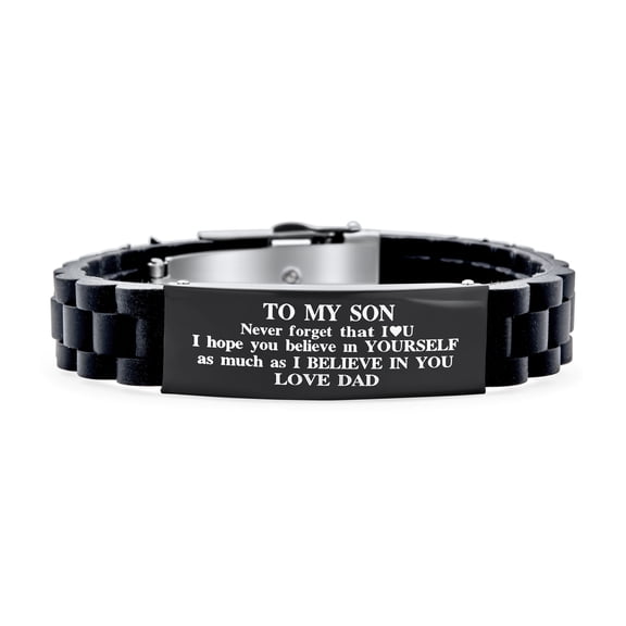 Bling Jewelry Mens To My Son Inspirational ID Bracelet Stainless Steel Black Silicone Wristband