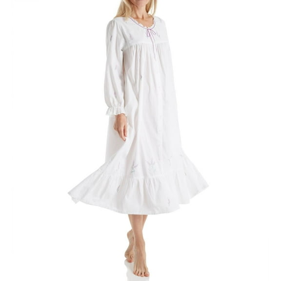 Women's La Cera 1283R 100% Cotton Woven Embroidery Long Sleeve Gown (White/Lavender XL)