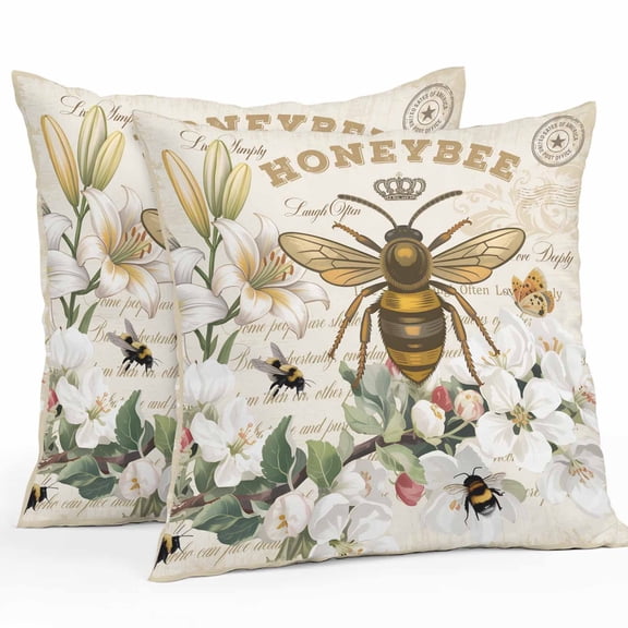 HONEYBEE Outdoor Waterproof Pillow Covers 20x20 Pack of 2 Bees Turquoise Farmhouses Antique Letters Decorative Outdoor Pillow Covers Square Cushion Cases for Patio Furniture Pergola Couch