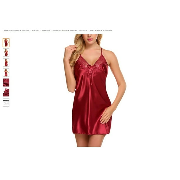Silk Sexy Lingerie Set Babydoll Nightwear With Elegant Satin Lace Cup  V-Neck Nightwear Sleepwear Backless Chemise Dres Red at  Women's  Clothing store