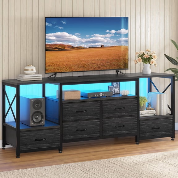 LED TV Stand for 75 Inch TV, Entertainment Center with LED Light & Power Outlets,63" TV Stand with 6 Fabric Drawers for Bedroom,Charcoal Black