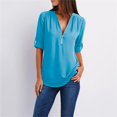 thumbnail image 3 of Womens Casual Tops Trendy Spring Summer Chiffon Zipper V Neck Long Sleeve Blouses Loose Breathable Solid Color Shirts, 3 of 7