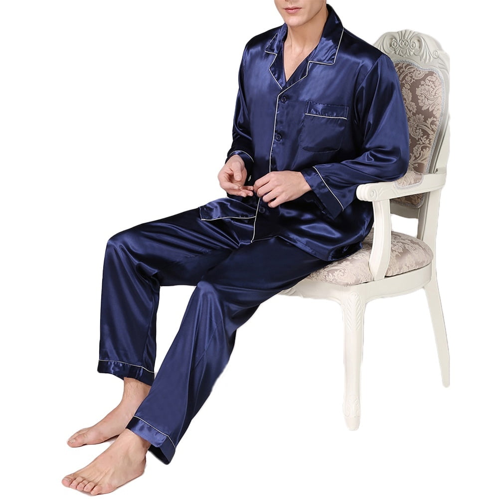 Men Silk Satin Pajamas Set Fashion Long Sleeve Lapel Button Cardigan