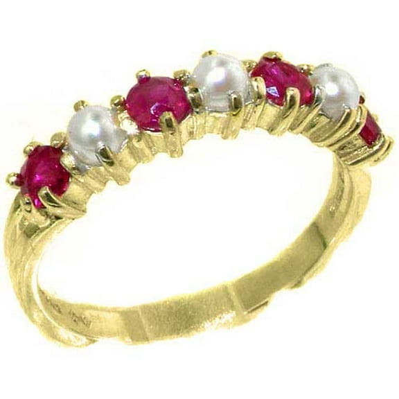 LBG 14k Yellow Gold Cultured Pearl & Ruby Womans Eternity Ring - Size 4.75