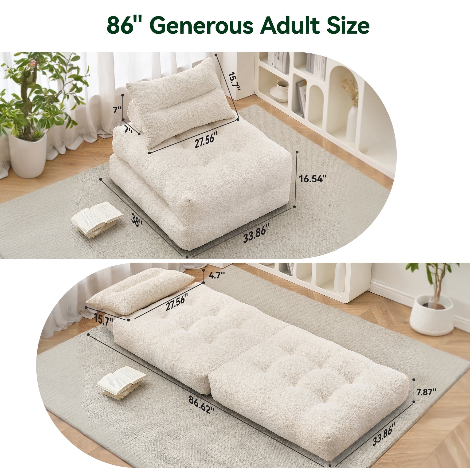 BEHOST 86" Large Futon Sofa Bed for Adults, 3-in-1 Convertible Folding  Chair Bed Sleeper Chair, Beige