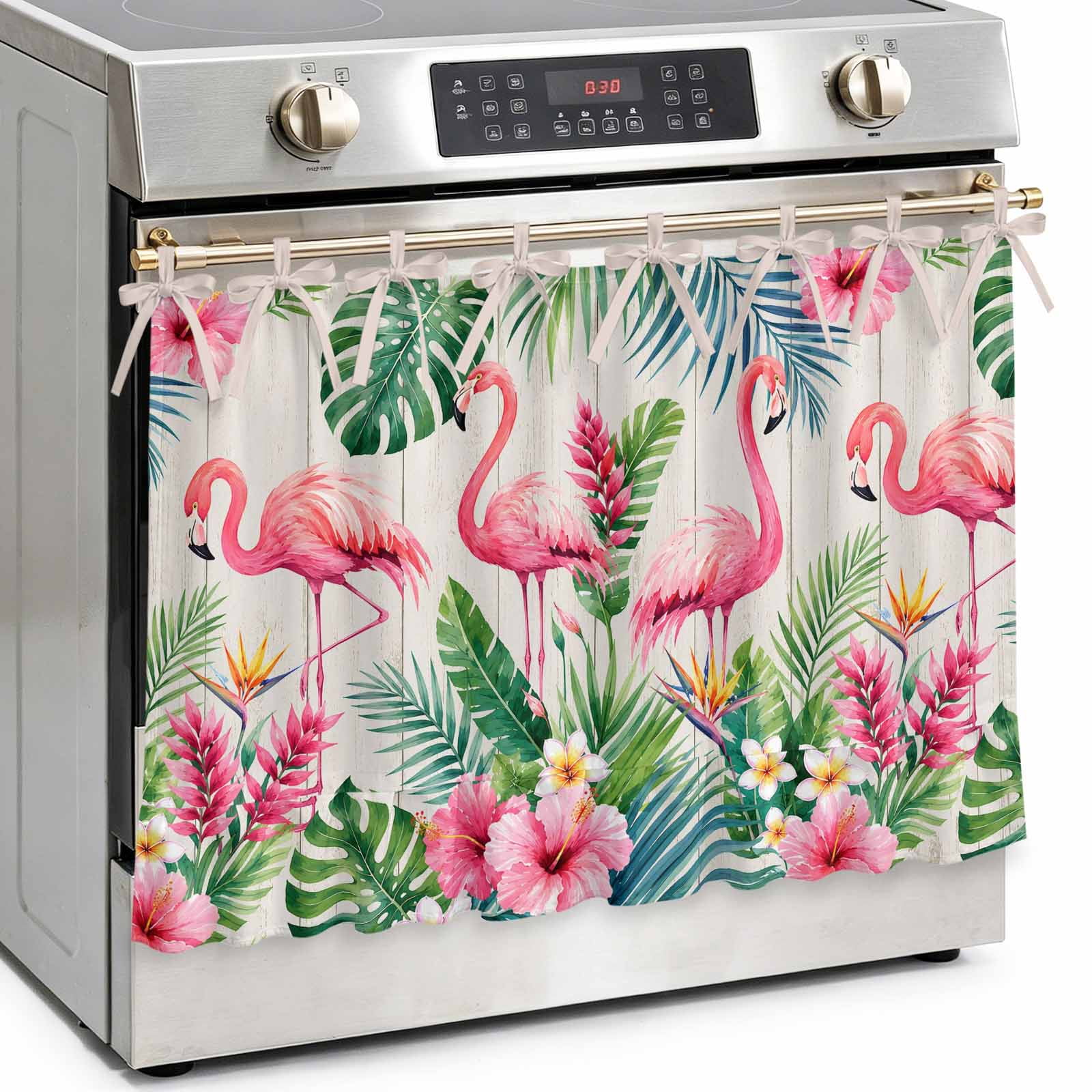 Pink Flamingos Oven Skirt Curtain Kitchen Stove Skirt Cover with Tie Top Wooden Flowers Tropical Summer Botanical Decorative Cabinet Cover Dishwasher Curtain for Farmhouse Decor 32x24 Inch